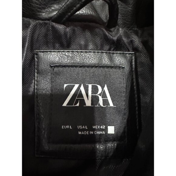 ZARA Man Faux Leather Biker Jacket Black Size L Moto Zip Pockets Asymmetrical - Picture 9 of 10